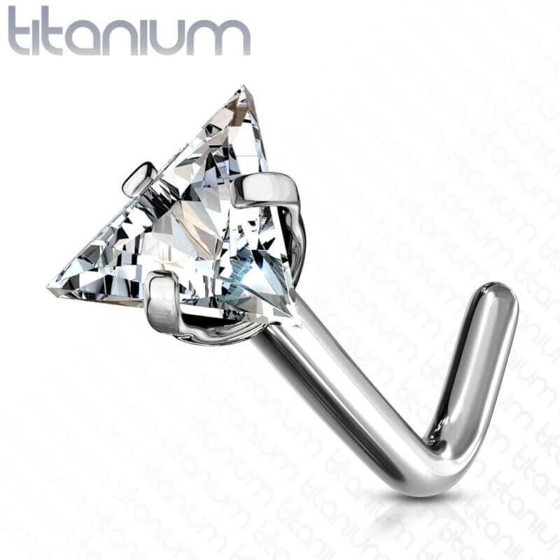 G23 Solid Titanium L Bend Nose Stud Rings with Prong Set Triangle CZ