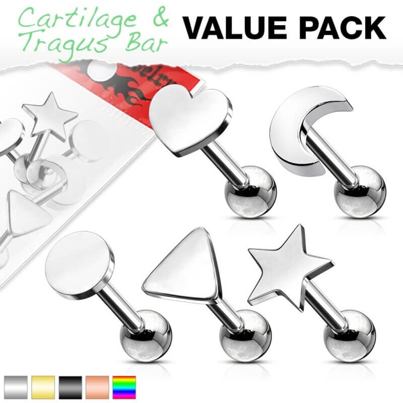 5 Pack Cartilage/Tragus Bar with Mixed Shapes Top