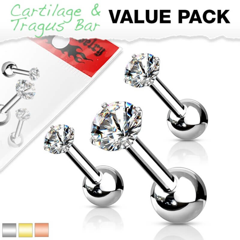 3 Pack Cartilage/Tragus Bar with Prong Set CZ Top