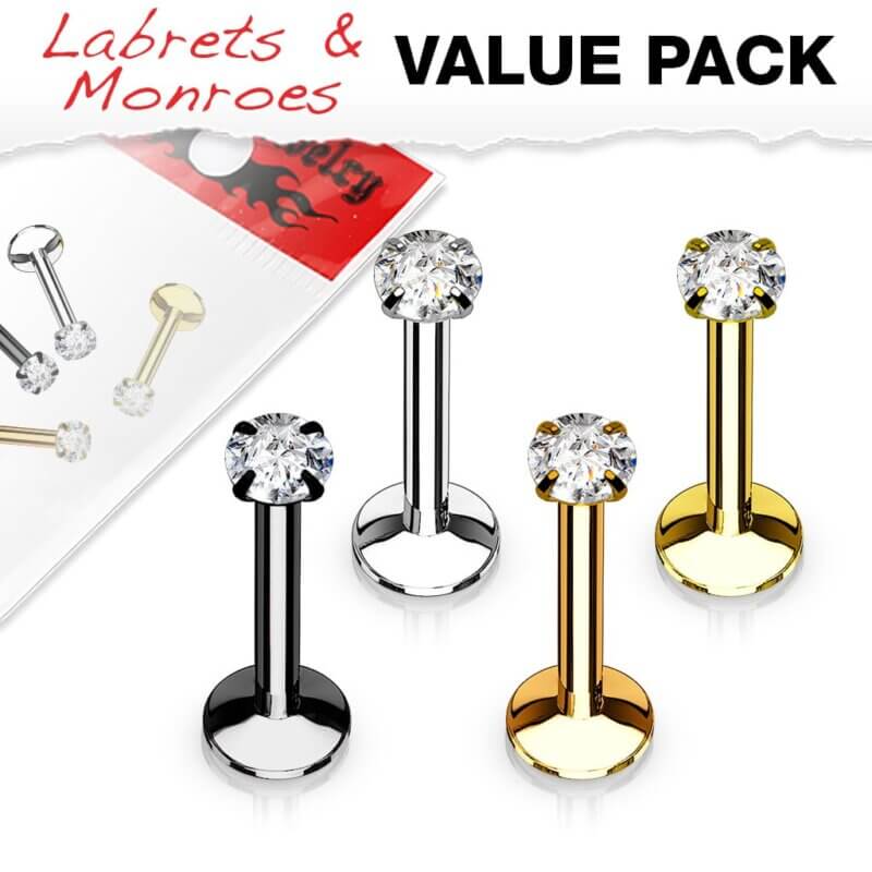 4 Pcs Value Pack Internally Threaded Round Prong Top Gem Labret