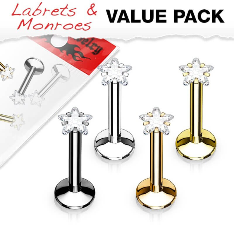 4 Pcs Value Pack Internally Threaded Star Prong Top Gem Labret