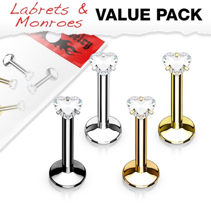 4 Pcs Value Pack Internally Threaded Heart Prong Top Gem Labret