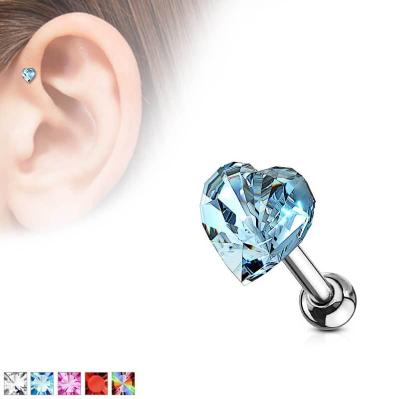 Heart Crystal Top Cartilage, Tragus Barbell Studs
