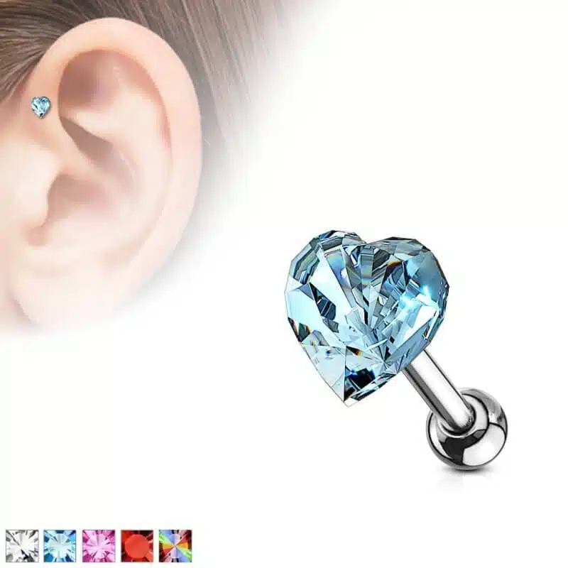 Heart Crystal Top Cartilage, Tragus Barbell Studs