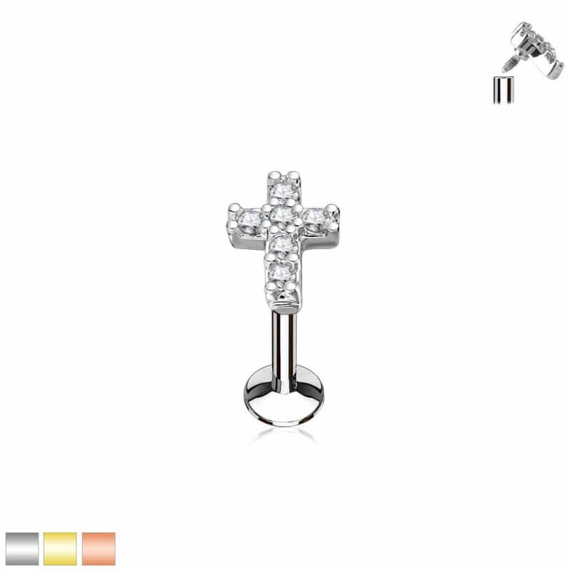 CZ Cross Top Internally Threaded Labret, Monroe, Cartilage Studs