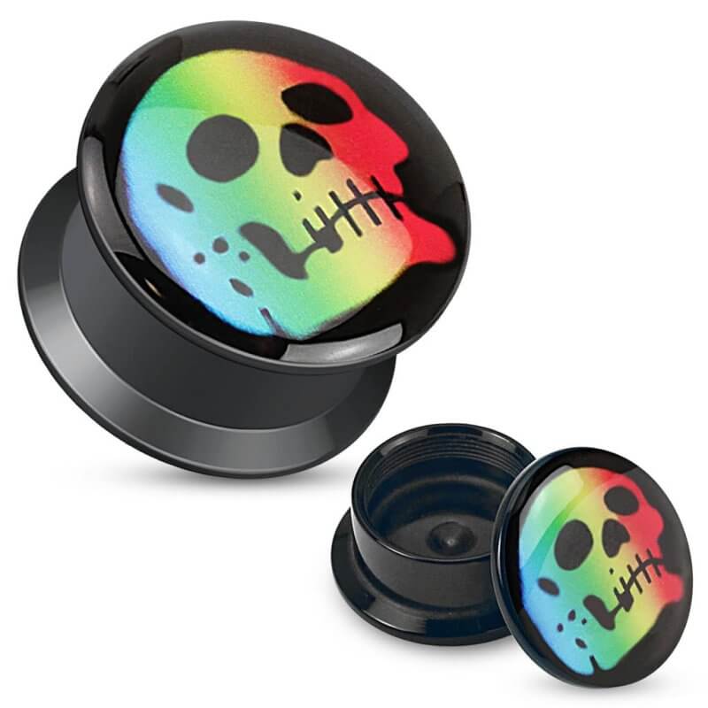 Rainbow Skull Print Black Acrylic Flat Screw Fit Plug