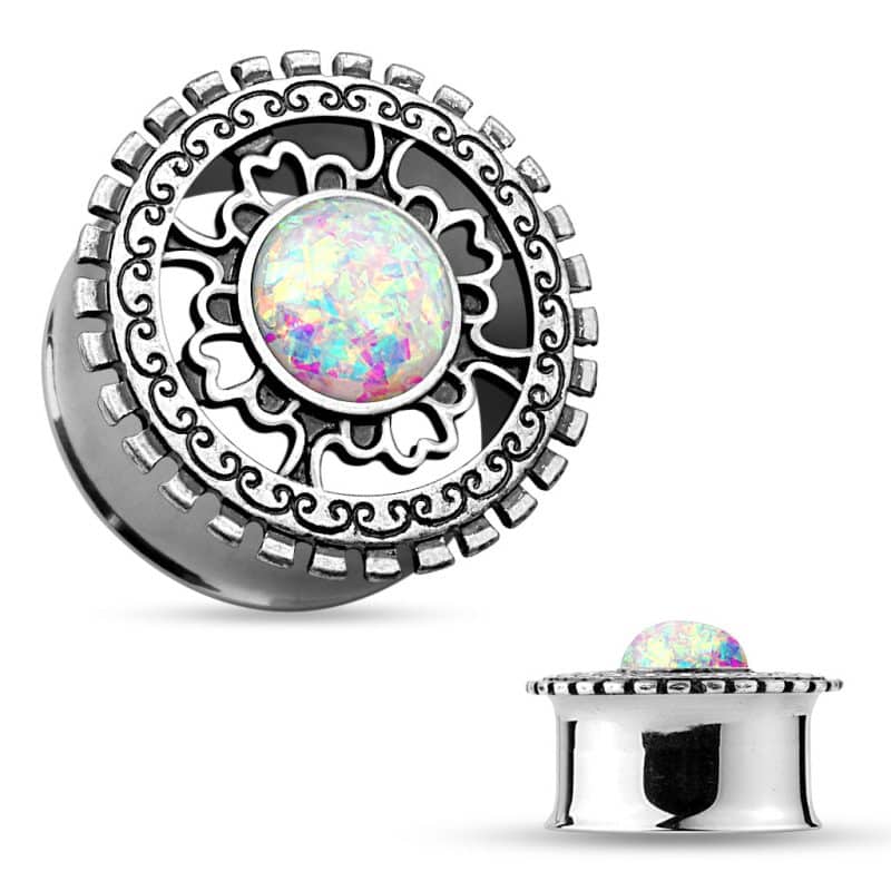 Opal Glitter Centered Antique Silver Plated Tribal Shield Top Double Flared Tunnels