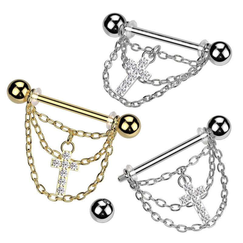 Bröstpiercing med Hängande Kedjor och Kors
